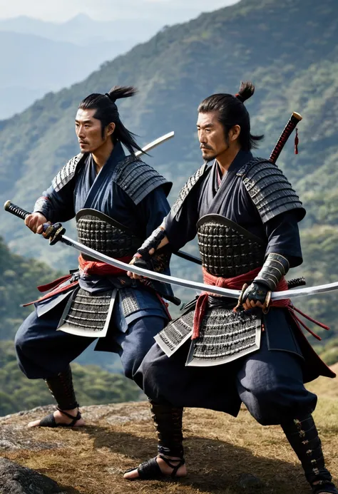 HD clear，Optimal image，illustration，Super detailed，high detal，Two samurai fought in the mountains，eventide，In the daytime，，katana swords，longspear，preparing to fight，Blood dripping