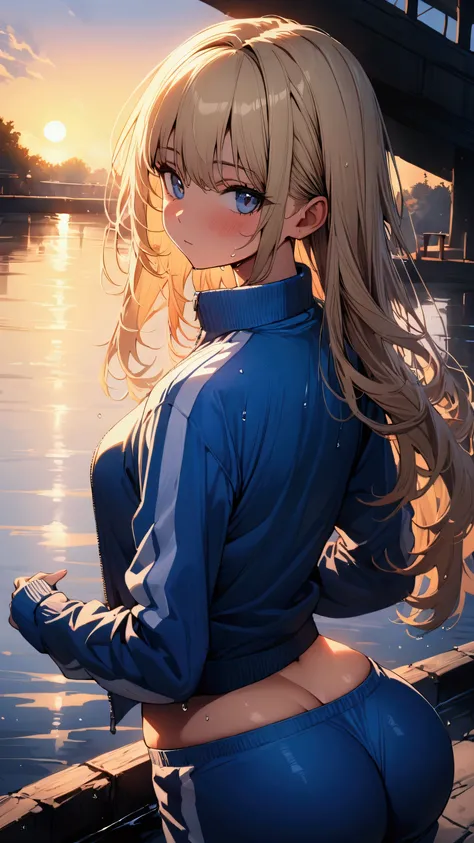 masterpiece, Highest quality, Ultra-high resolution, (beautiful girl: 1.3), Brown Hair, Straight hair、Looks like a 15 year old、 (Blue sweatpants: 1.2), (The jacket is a blue track jacket.: 1.2), back view、Big round shapely ass、A waterway with a dazzling su...