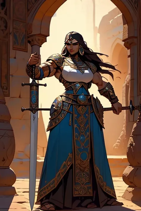 fullbody view, (((muscular))) beautiful persian woman, long dark hair, woman in medieval setting, wearing ornate plate armour with rich decoration, warrior woman with a sword, mighty powerfull frame, slender yet powerful physique