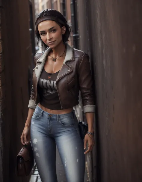 photo, ultrarealistic, extreme detail, masterpiece, best quality, perfect skin,tan skin, 1girl, alyxvance,day, standing, leaning against a wall, dutch angle,modern city, jeans, leather jacket,long sleeves, brown eyes,smiling, happy, portrait, upper body, b...