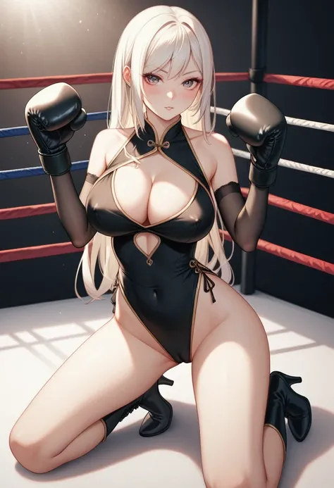 A slim beautiful girl,Good shape,Pretty Face,detailed picture, blush,White long hair,Wearing cheongsam,Wearing black suspender stockings,high-heel boots,Wearing black boxing gloves，Wearing black sleeves,Kneeling alone in the boxing ring and making sexy mov...