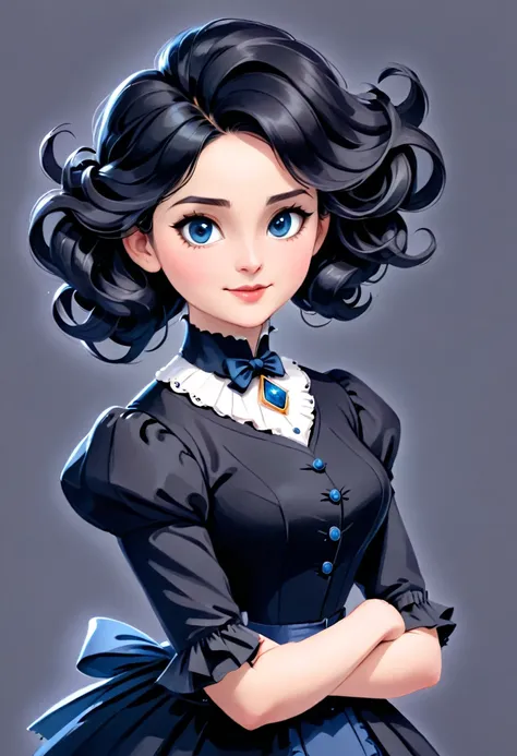 A pencil drawing of a young victorian governess, curly black hair. Kind and inteligent energy.
