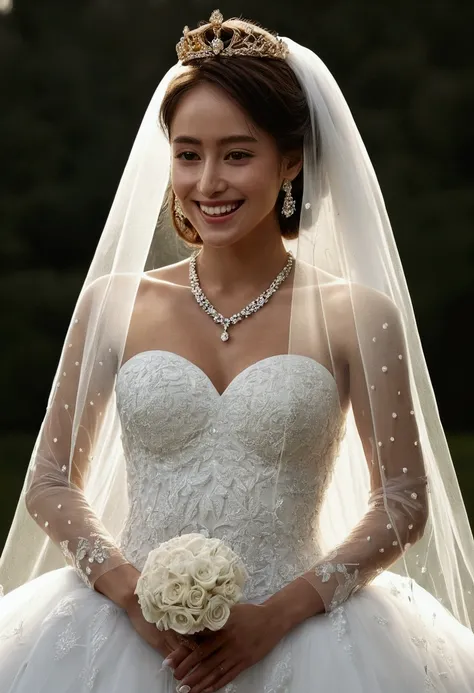 1 Girl),(Thin body),Watching_exist_Viewer,(arms_exist后面_Back:1),
(Front view:1.7),(permanent:1),
(Long Bridal Veil:1.5),(Diamond Wedding Dress:1.1),(transparent:1),(Diamond long sleeves:1),(water:1),(Bridal Crown:1.2),(Diamond necklace:1.3),Lipstick,(Smile...