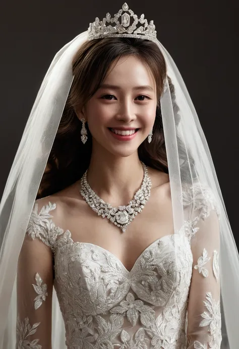 1 Girl),(Thin body),Watching_exist_Viewer,(arms_exist后面_Back:1),
(Front view:1.7),(permanent:1),
(Long Bridal Veil:1.5),(Diamond Wedding Dress:1.1),(transparent:1),(Diamond long sleeves:1),(water:1),(Bridal Crown:1.2),(Diamond necklace:1.3),Lipstick,(Smile...