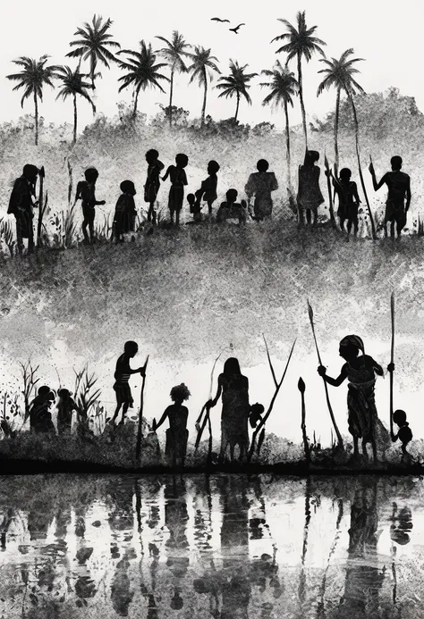 black ink art, shilouette, row of refugees, papuan, melanesian, tribes, human displacement, man woman and children