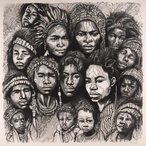 black ink art, shilouette, papuan faces, melanesian, tribes, face of hope, human displacement, man woman and children