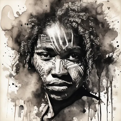 black ink art, shilouette, face of refugees, papuan face, melanesian, tribes, man and woman, expression ink, smudge, ink stain, ...