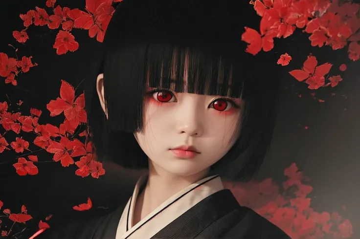 Highest quality、masterpiece、Highest detail、Japanese Yokai、A lonely hell girl floating in the darkness、Beautiful girl with bob hair、Vermilion eyeliner、A simple, thin kimono with red frills on the chest、Glare、Feeling fear、Dense foggy black background、Multipl...