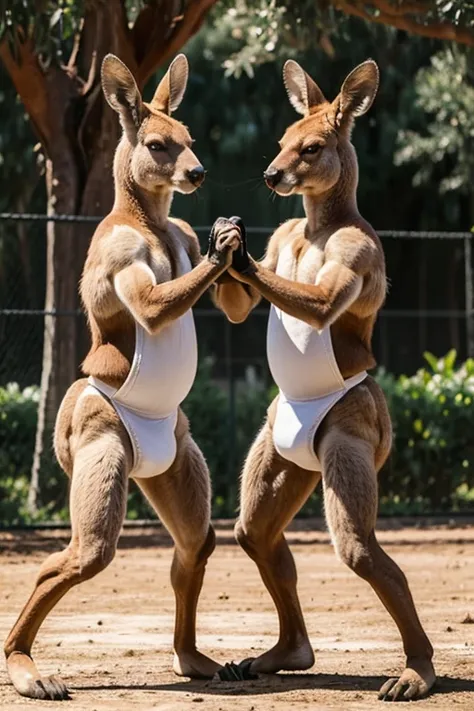 2 adult kangaroos wearing thick diapers sparring