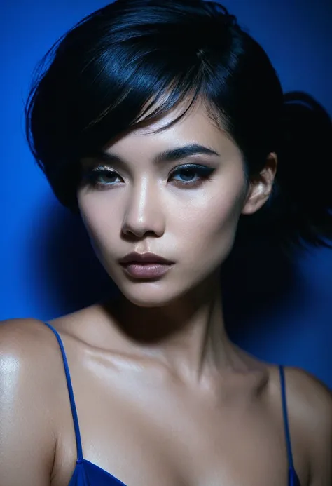 woman bathed in deep blue light, leaning against a wall, looking into the camera in a moment of raw emotion. Her attire is minimal, accentuating her beauty with the dramatic shadows cast by the lighting. The background is stark, with sharp contrasts highli...