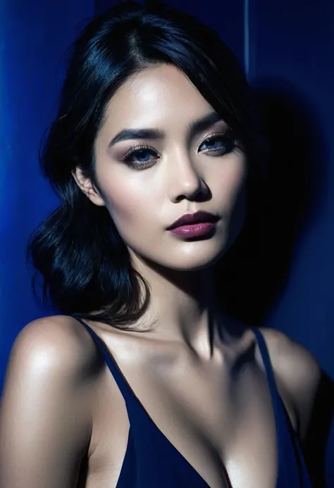 woman bathed in deep blue light, leaning against a wall, looking into the camera in a moment of raw emotion. Her attire is minimal, accentuating her beauty with the dramatic shadows cast by the lighting. The background is stark, with sharp contrasts highli...