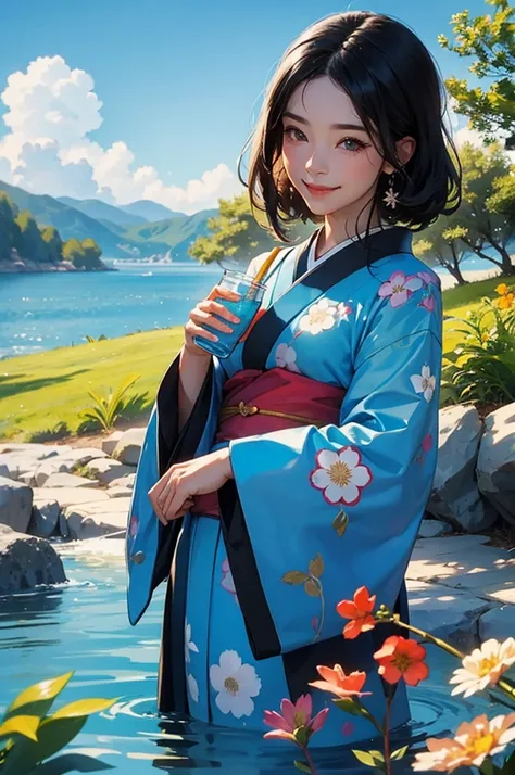 Smiling beautiful woman with black hair and kimono drinking water under the blue sky