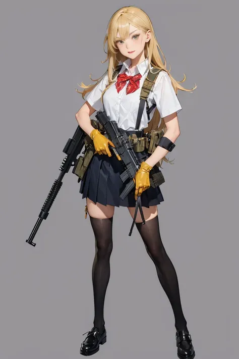 1girl, solo, skirt, blonde hair, simple background, thighhighs, gloves, white background, holding, , yellow eyes, weapon, teeth, holding weapon, gun, sharp teeth, holding gun, rifle, assault rifle, holster, trigger discipline, thigh holster, scope, holster...