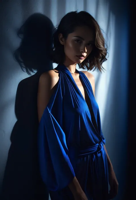 woman bathed in deep blue light, leaning against a wall, looking into the camera in a moment of raw emotion. Her attire is minimal, accentuating her beauty with the dramatic shadows cast by the lighting. The background is stark, with sharp contrasts highli...