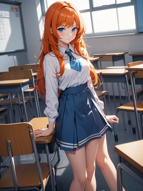 nilou from genshin impact game, 1girl, as a highschool girl, wearing a white shirt and blue skirt , at a classroom, orange colou...