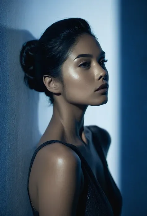 woman bathed in deep blue light, leaning against a wall, looking into the camera in a moment of raw emotion. Her attire is minimal, accentuating her beauty with the dramatic shadows cast by the lighting. The background is stark, with sharp contrasts highli...