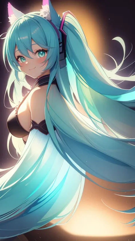 ultra detailed, sharp focus, Best Quality, masterpiece, showy, 1 chica hatsune miku furry antro vixen antro, shadow, Bright aqua eyes, smile add_detail, :3, close up, volumetric lighting, high contrast, dimly lit, japanese matsuri background