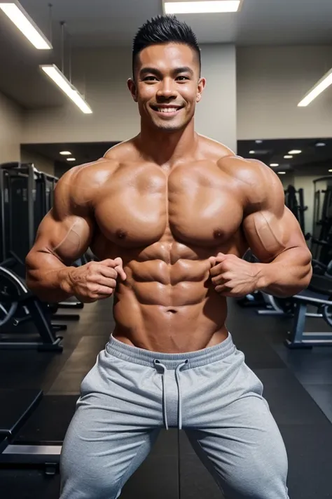 Create an image of a muscular and attractive gym trainer. He is Indonesian. He should be showing off his well-defined muscles with a confident smile. Hes in a gym setting, surrounded by fitness equipment. He exudes enthusiasm and determination, he is shirt...