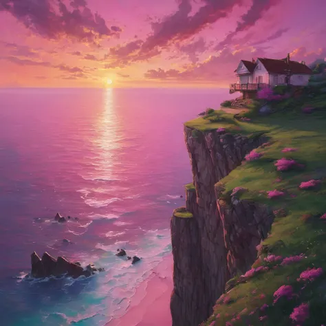 View upon a cliff and the beautiful pink sunset, gorgeous,   (Sunset:1.2), ultra detailed,  intricate, (surrealism:1.1), (disturbing:1.1), 