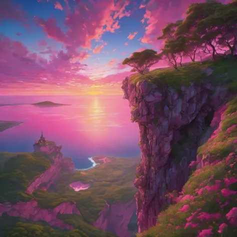 View upon a cliff and the beautiful pink sunset, gorgeous,   (Sunset:1.2), ultra detailed,  intricate, (surrealism:1.1), (disturbing:1.1), 