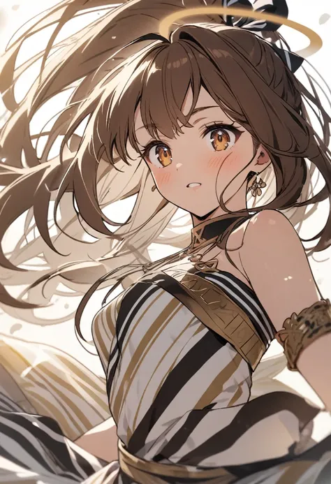 goddess(brown half-up hair, black and white stripe sari, hair-ribbon, brown halo)