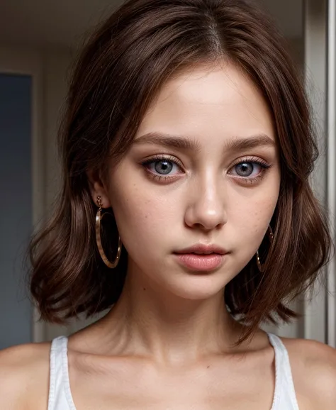 woman with a white shirt and earrings posing for a picture, short brown hair and large eyes almond-colored eyes that have the outer stripe with navy blue and the inside a mixture of hazel and blue, the iris is round, portrait sophie mudd, close-up perfect ...