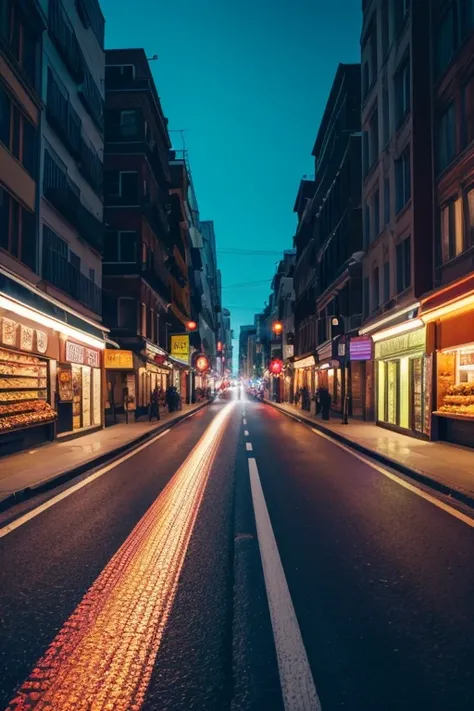 A road made up of a variety of colorful and healthy foods, such as fruits, vegetables and grains, that leads the eye to a point of light on the horizon, symbolizing the inner and outer glow that good food can provide, Minimalism, cinematic lighting, motion...