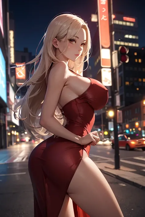 masterpiece, best quality, shadows, dynamic angle, front view, perfect hands, perfect legs, perfect anatomy, pretty face, mature features, 1 girl, 21 years old, mature woman, sexy red dress, city night background, white long hair, thighs, ass, breast, sedu...