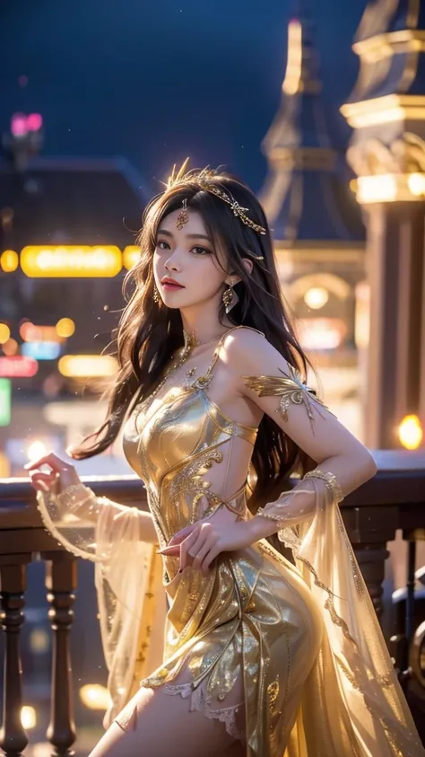 8K, UHD, MAsterpiece, best quality, 1 girl, (realistic face), happy pace, very long hair, small breasts, decorated dress, very beautiful ornaments dress, yellow color, ((lace)), mesh dress, sardine, loops, legendary night balcony, depth of field, cinematic...