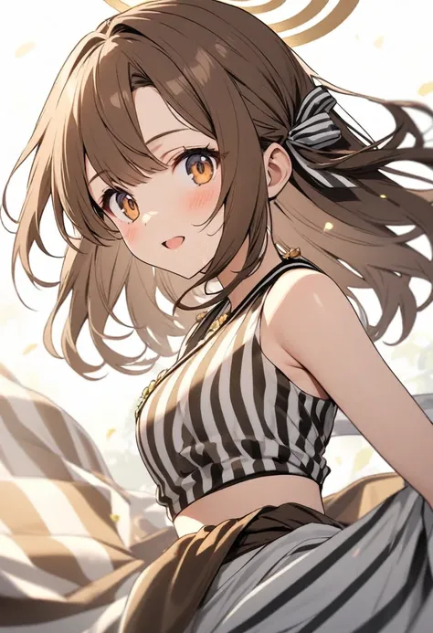 goddess(brown half-up hair, black and white stripe sari, hair-ribbon, brown halo)