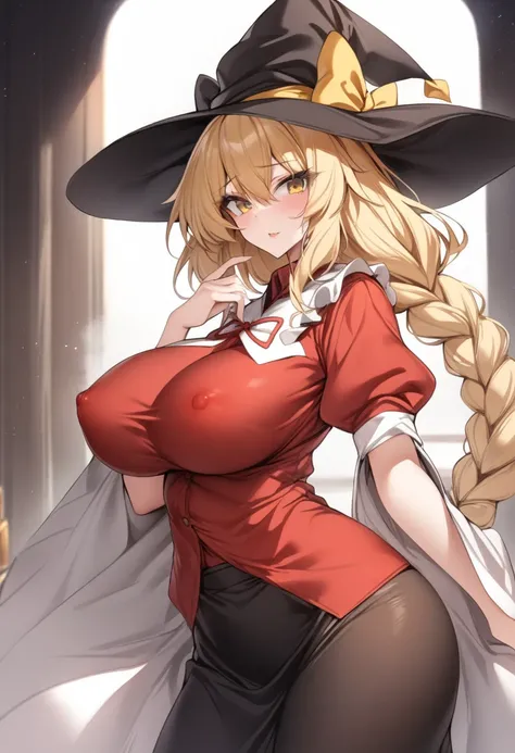 masterpiece, best quality, very aesthetic, absurdres, 1girl, mature_lady,red_shirt,covered_nipples,,touhou, kirisame_marisa, blonde_hair, eyelashes, hair_between_eyes, hair_bow, long_hair, sidelocks, single_braid, very_long_hair, yellow_eyes, black_hat, ha...