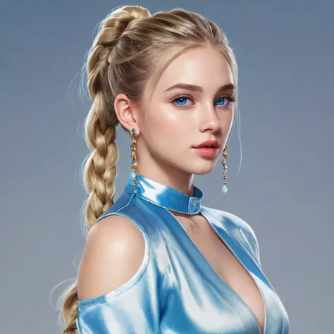 1girl, , long Hair, blonde Hair, Earrings, Parted Lips, Makeup, blue eyes, Realism, Anatomically Correct, High Resolution, trendy and classic fashion, Shiny Hair, small face, youthful, ponytail, braid, full body perspective, trendy clothes