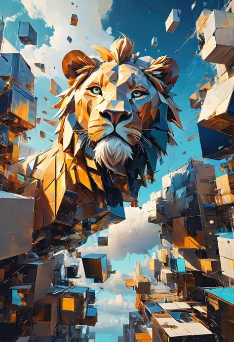 "Visualize a cubist interpretation of a lion, floating through the sky above a lively and dynamic street. Decompose the shape of the deer head into geometric shapes and fragmented planes, To capture its movement and energy in a unique and abstract way. Int...