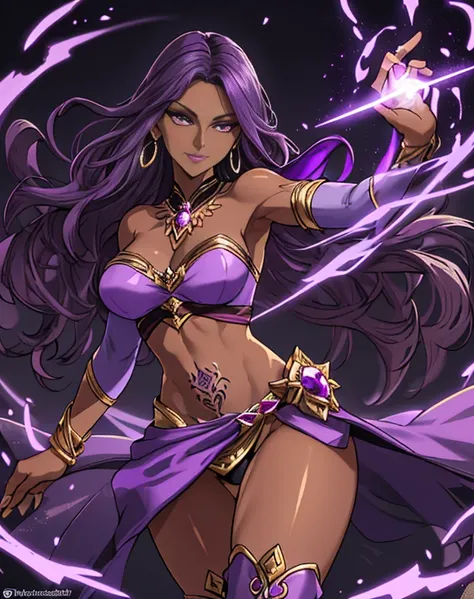 (best quality:1.3), (4K quality),masterpiece, best quality, high res, detailed, (Detailed face:1.2), (Detailed eyes:1.2), (Perfect figure:1.2), Fantasy style, Fantasy environment, solo, 1girl, 25 year old woman, sorceress, (Dark skin:1.5), purple hair, wav...