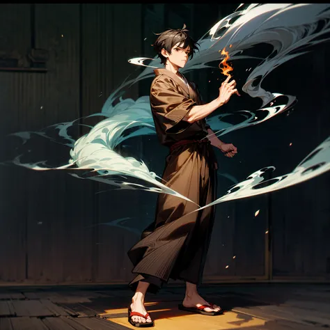 solo, boy, full body version, grassroots, motion blur, brown eyes, black hair, short haircut, ancient japanese traditional cloth...