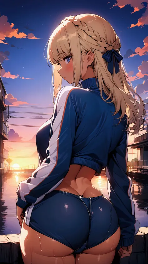 masterpiece, Highest quality, Ultra-high resolution, (beautiful girl: 1.3), Brown Hair, Crown braid、Looks like a 15 year old、 (The jacket is a blue track jacket.: 1.2), back view、Big round shapely ass、A waterway with a dazzling sunset、A little wet、((Focus ...