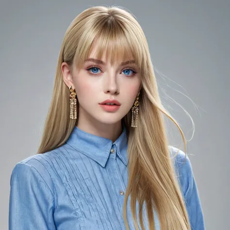 1girl, , long Hair,straight hair, bangs, blonde Hair, Earrings, Parted Lips, Makeup, blue eyes, Realism, Anatomically Correct, High Resolution, trendy and classic fashion, Shiny Hair, small face, youthful, full body perspective, trendy clothes, Hair Clip,