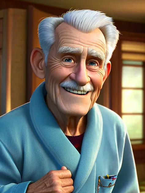 Pixarstyle A waist-high portrait of an elderly man with bathtub robe, smile, natural skin texture, 4K textures, HDR, intricate, highly detailed, sharp focus, cinematic look, hyper-detailed