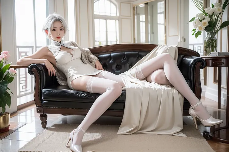 A 60 year old Chinese beauty with short white hair, wearing lace pantyhose, on a luxurious mansion terrace