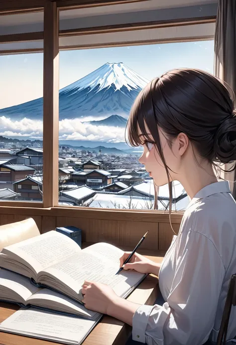 Ultra-realism　A girl studying　Snowy outside　You can see Mt. Fuji