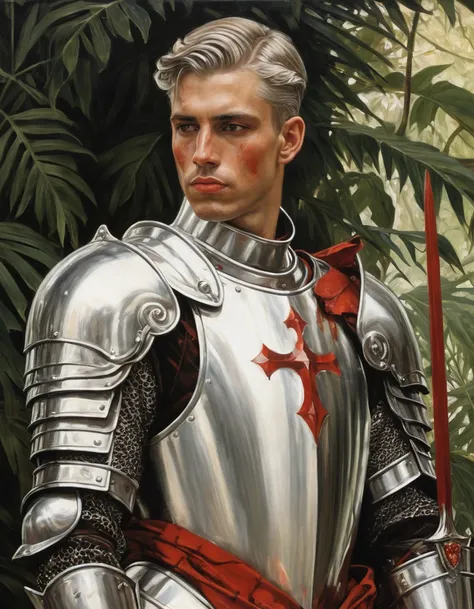 {Masterpiece, best quality, oil painting, soft tones, male focus}, ((by James Tissot, J. C. Leyendecker)), ((((the portrait of a male knight, tall, young, muscular, silver hair, sullen, arrogant, covered in blood, wearing plate armor, with a red diamond sh...