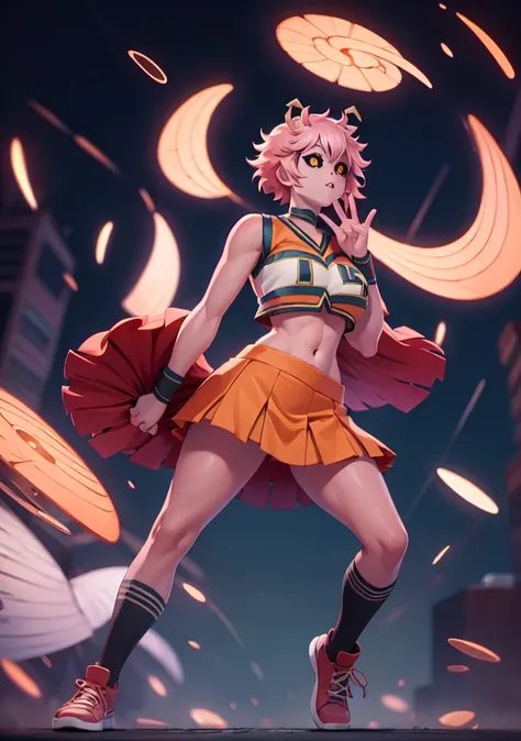 mina ashido, 1girl, solo, looking at viewer, short hair, simple background, yellow eyes, pink hair, horns, colored skin, colored sclera, black sclera, pink skin, U.A. CheerUniform, orange skirt, (bare belly), perfect shading, bare shoulders, big breasts