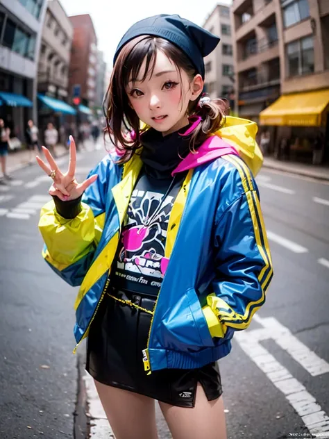 (Cowboy Shot), fisheye, girl, alone, womanモデル, Hip Hop Fashion, woman, Oversized jacket, bandana, high top sneakers, Graffiti art, Street Corner, Street dance pose, Fresh makeup, Vibrant colors, Confidence , The generated image is、Attracting attention in f...