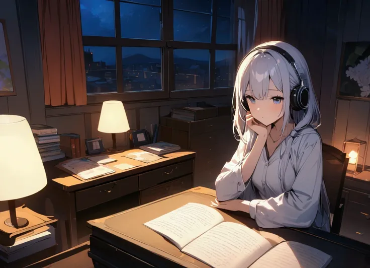 Highest quality,masterpiece,,high resolution,4K,Atmospheric,Detailed Description,Girls to study,night,Private room,headphone,