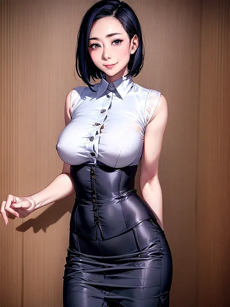 Highest quality、masterpiece、8k、Very detailed、Realistic、Looking at me with a smile、whole body、Black Hair、Small face、Slender、Big Breasts、Thin and beautiful legs、narrow and constricted waist,、Sleeveless shirt with buttons and a collar、A very long tight skirt ...