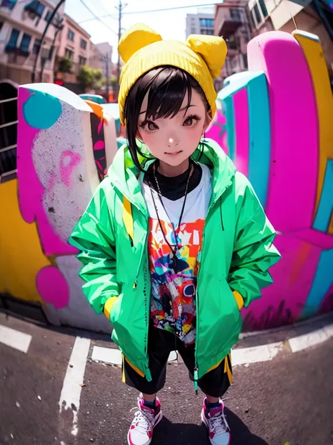 (cowboy shot), fisheye, girl, alone, womanモデル, hip hop fashion, woman, oversized jacket, bandana, high top sneakers, graffiti ar...