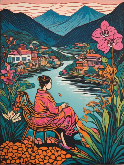 simple forms. childish. A woman sitting on a chair with an owl and a big frog and a river. modern expressionism, woodcut print of a mountain and many houses, big orchids,and mountain birds small and big, pastel colors. bold lines, high contrast,