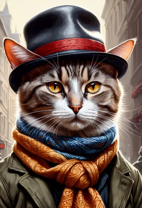 A painting of a cat with a hat and scarf, Trend on Art Station, facial focus, detailed, non-realistic rendering, British gang member, Streetstyle, intimidating pose, Planet of Cats, Highlight face , urban samurai, meow, West Slavic characteristics, 8 1 5, ...