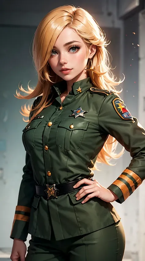 light smile, glowing skin, better quality, illustration, (realistic:1.4) 여성 soldier, female officer, soldier, military uniform, Permed hair, orange hair, Orange eyes