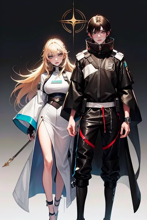 (tall man, (man is taller than me woman) messy black-haired man wearing a sexy  space outfit.),(a thin woman, long blonde hair, green eyes, wearing scifi space outfit) best quality, adorable, ultra-detailed, illustration, complex, detailed, extremely detai...